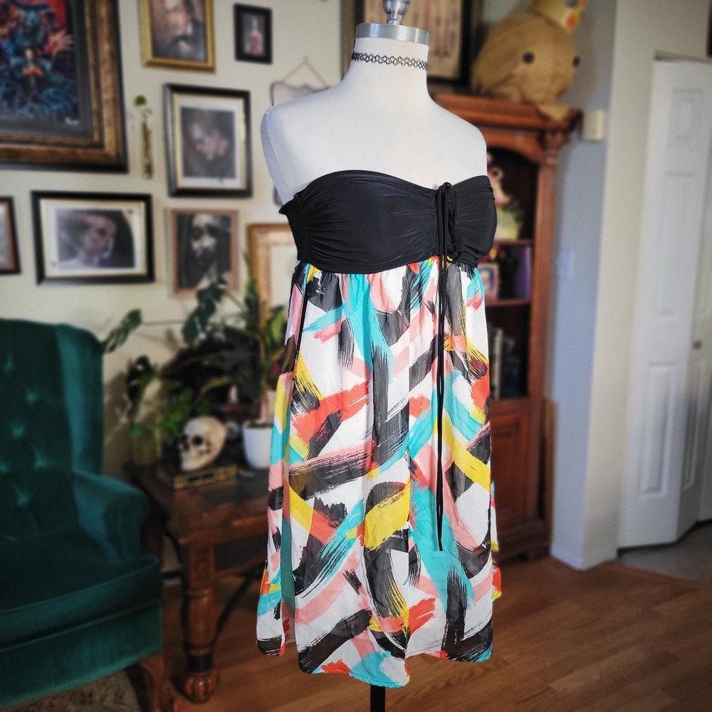 Sparkling Stars Mini Dress USA Vintage Y2K Strapless Abstract Print Black Multi
